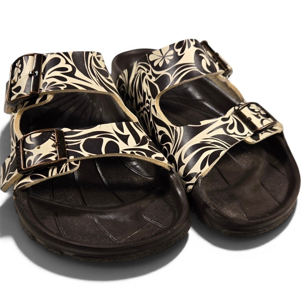 Birki's by Birkenstock Floral Swirl Double Strap Slide Sandals Black Cream